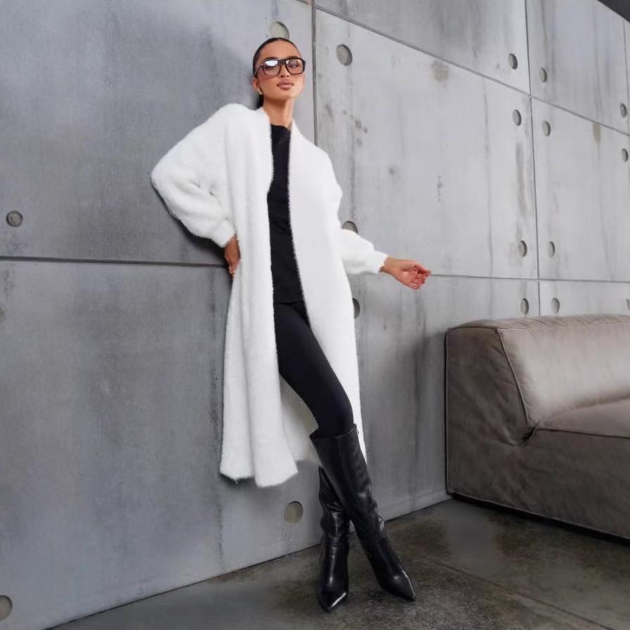 White Mink Velvet Loose Knit Cardigan Sweater - Women's Solid Color Spring & Autumn Outerwear