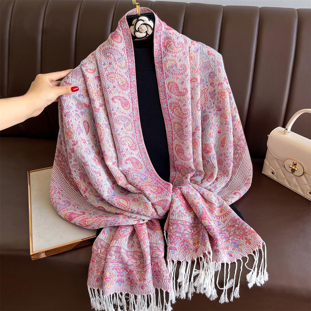 High-End Imitation Cashmere Jacquard Craft Scarf Shawl Autumn And Winter Ethnic Style Cashew Flower Warm Outside Women