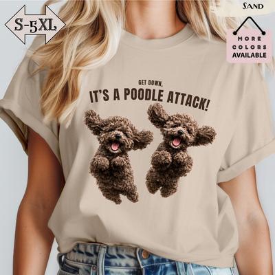 Cute Brown Jumping Poodles T-Shirt, Get Down It's a Poodle Attack Tee for Dog Owners