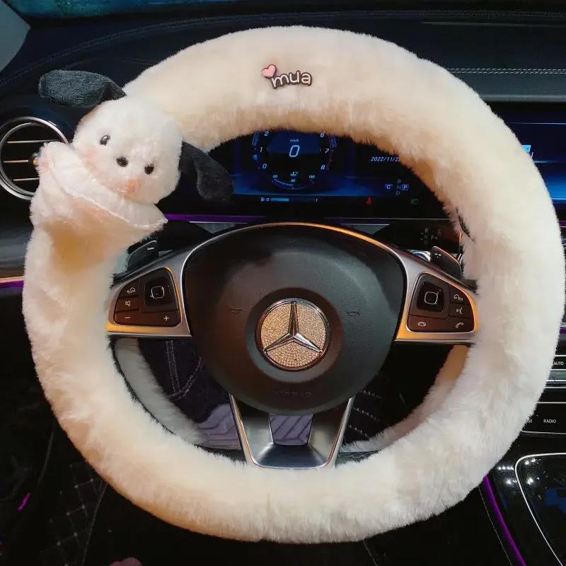 Winter Cute Pochacco Car Steering Wheel Cover Warm Plush Cartoon Anti Slip Handle Cover for Men and Women Cute Car Accessories