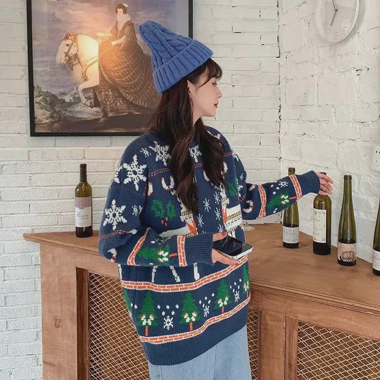 Pulover de Crăciun pentru femei cu elan roșu - Pulover gros și larg pentru iarna 2022