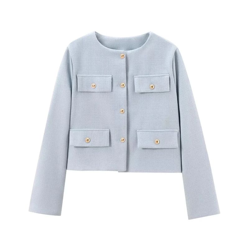 Summer New Product Women's Clothes French Style Classic Style round Neck Long Sleeves Flip Decoration Short Jacket 3046278