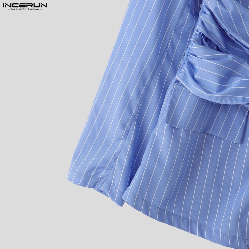 INCERUN Oversized Men High Neck Long Sleeve Twisted Striped Print Casual Loose Shirts