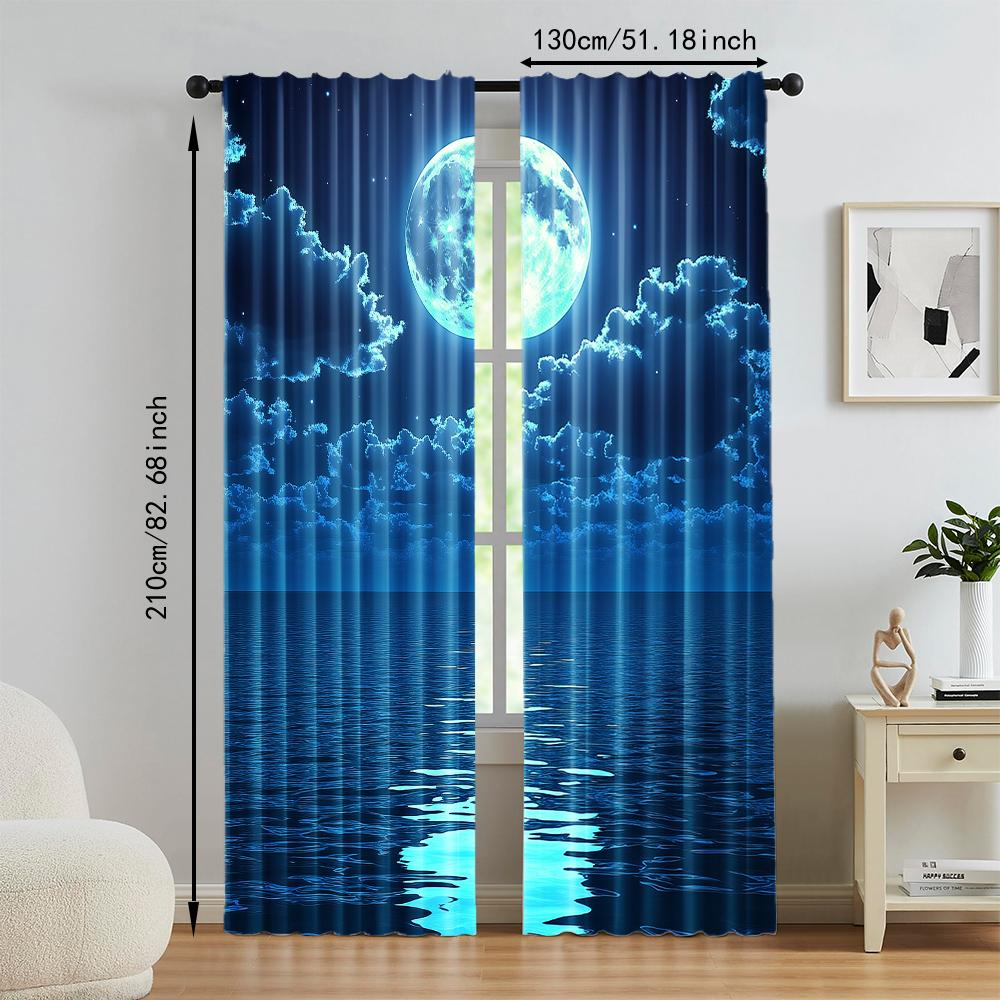 2Pcs Moon Pattern Curtains Rod Pocket Decorative Window Drapes Window Treatments For Bedroom Living Room Home Decoration Room