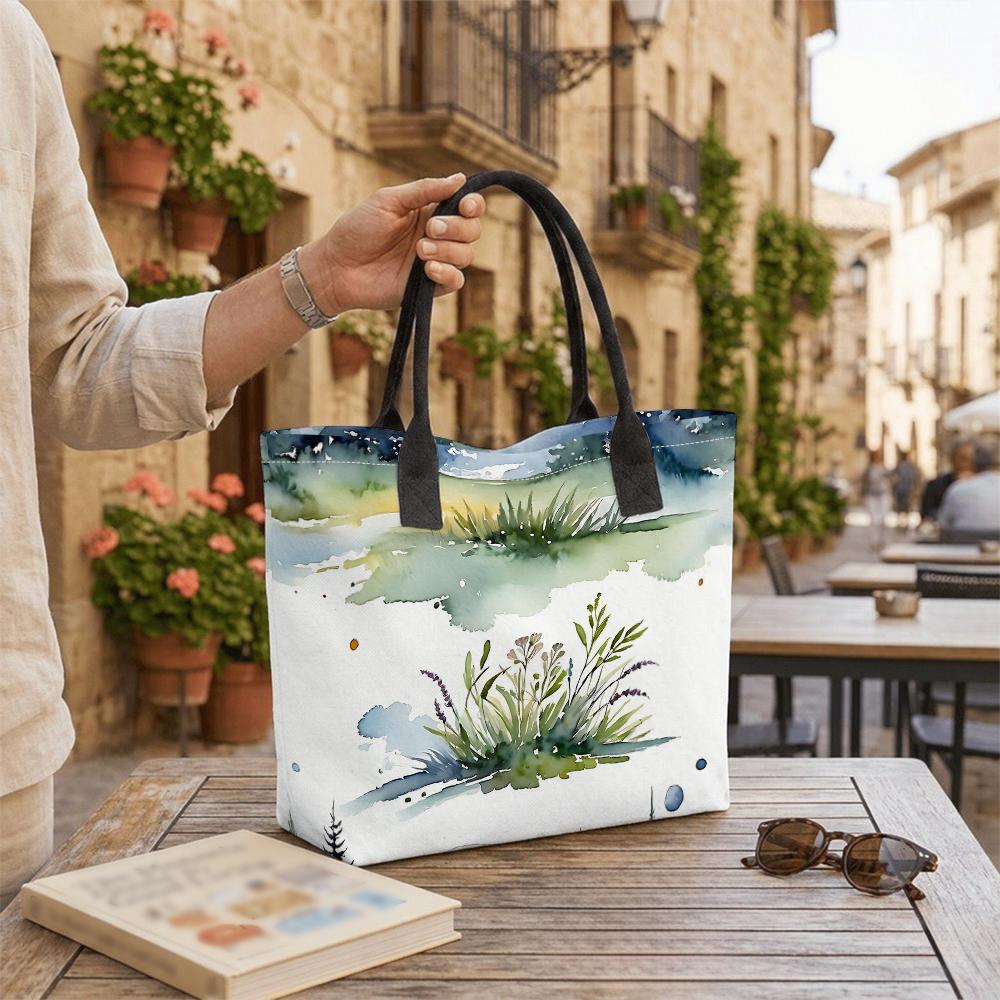 Watercolor Grass Landscape Tote Bag Casual Large Capacity Shoulder Handbag For Daily Use
