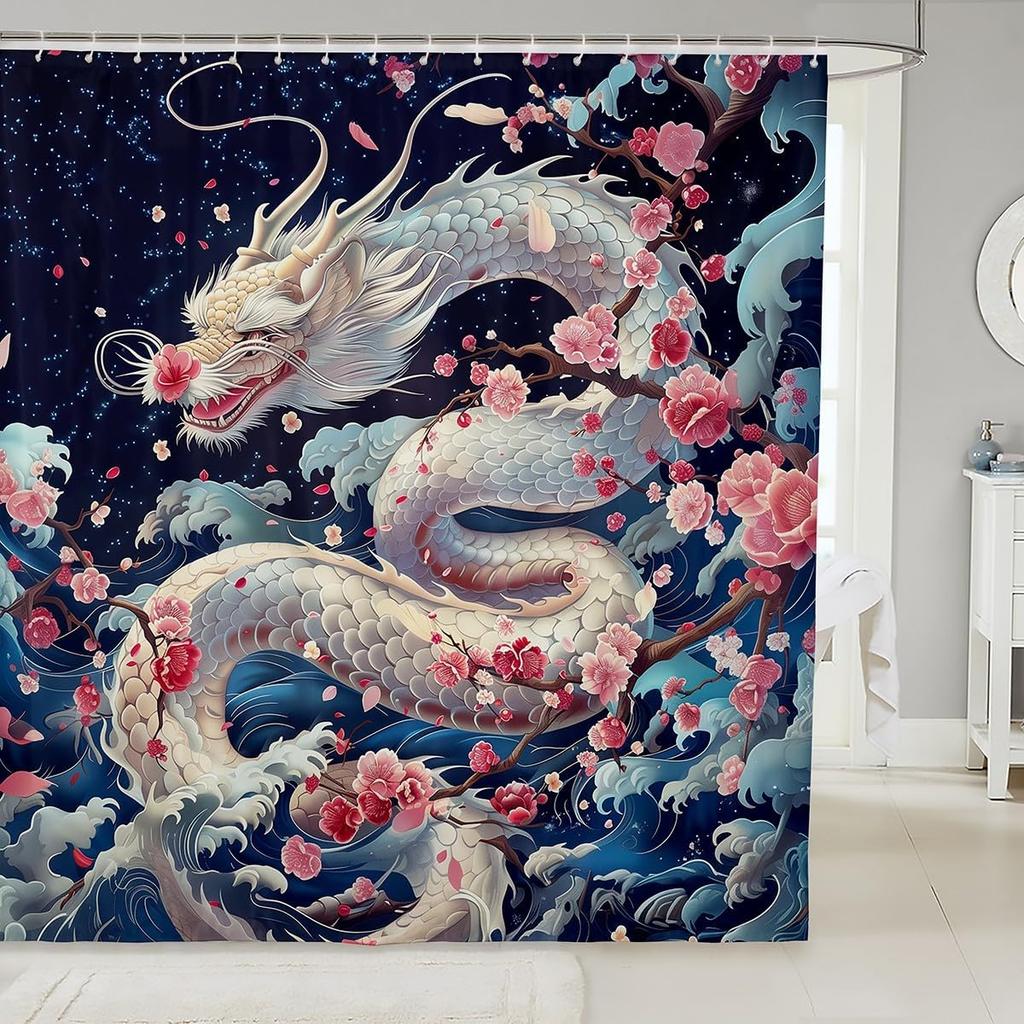 Japanese Style Moon Cherry Blossom Shower Curtain - Romantic Night Sky Scenery Bathroom Decor Women - Exotic Pink Waterproof