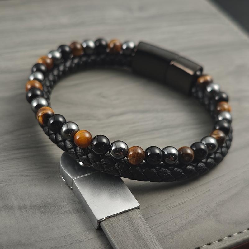 Classic Leather Beaded Bracelet Men's Stainless Steel Magnetic Buckle Bracelet Bangles For Friend Jewelry Accessories Gift