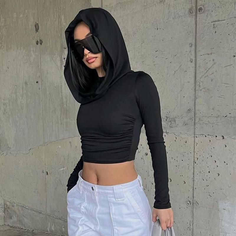 Hooded T-shirt Women's Slim Fit Long Sleeved Short Top