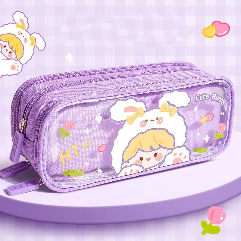 Super Large Capacity Cute Cartoon Canvas Pencil Case High Color Value Primary School Stationery Bag Transparent Plastic Material