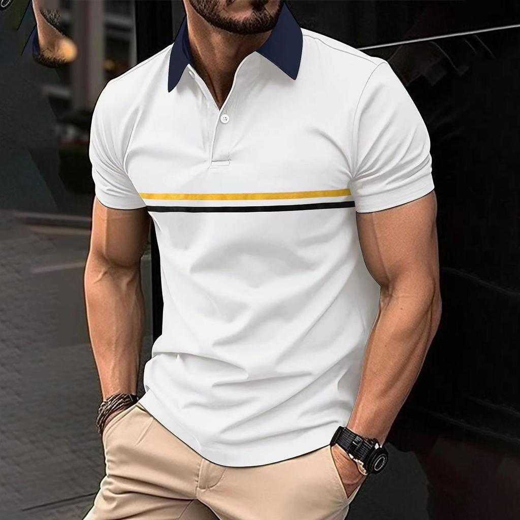 Men's Fashion Patchwork Polo Shirts Casual Pullover Lapel Button Tops Short Sleeve Summer Polos For Man