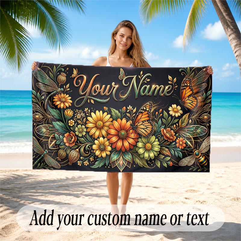 Floral Garden Theme Soft Beach Towel Personalized Custom Name Text Towel Portable for Beach Pool Travel