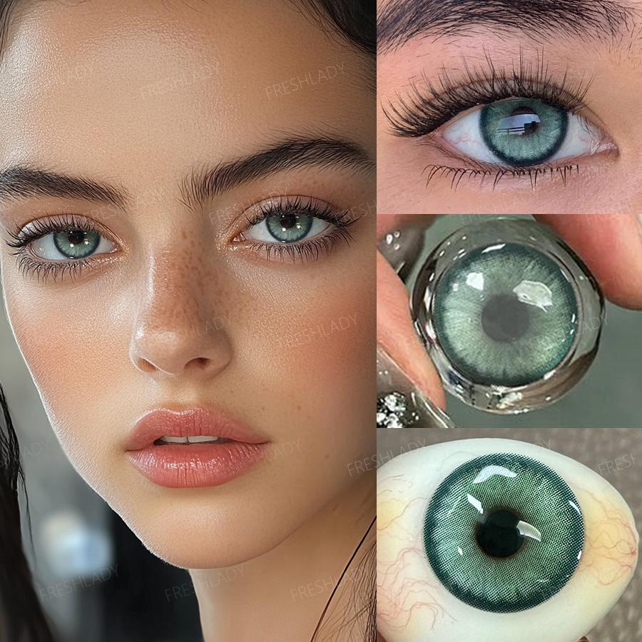 FreshLady 1 Pair 2pc 14.2mm Yearly Disposable Colored Contact Lenses, 40% Water, Brown/Green/Blue/Gray, Soft & Breathable for Daily Wear