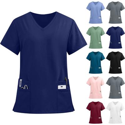 Women's Fashion Solid Short Sleeve V Neck Pattern Tops Pocket Working T-shirts
