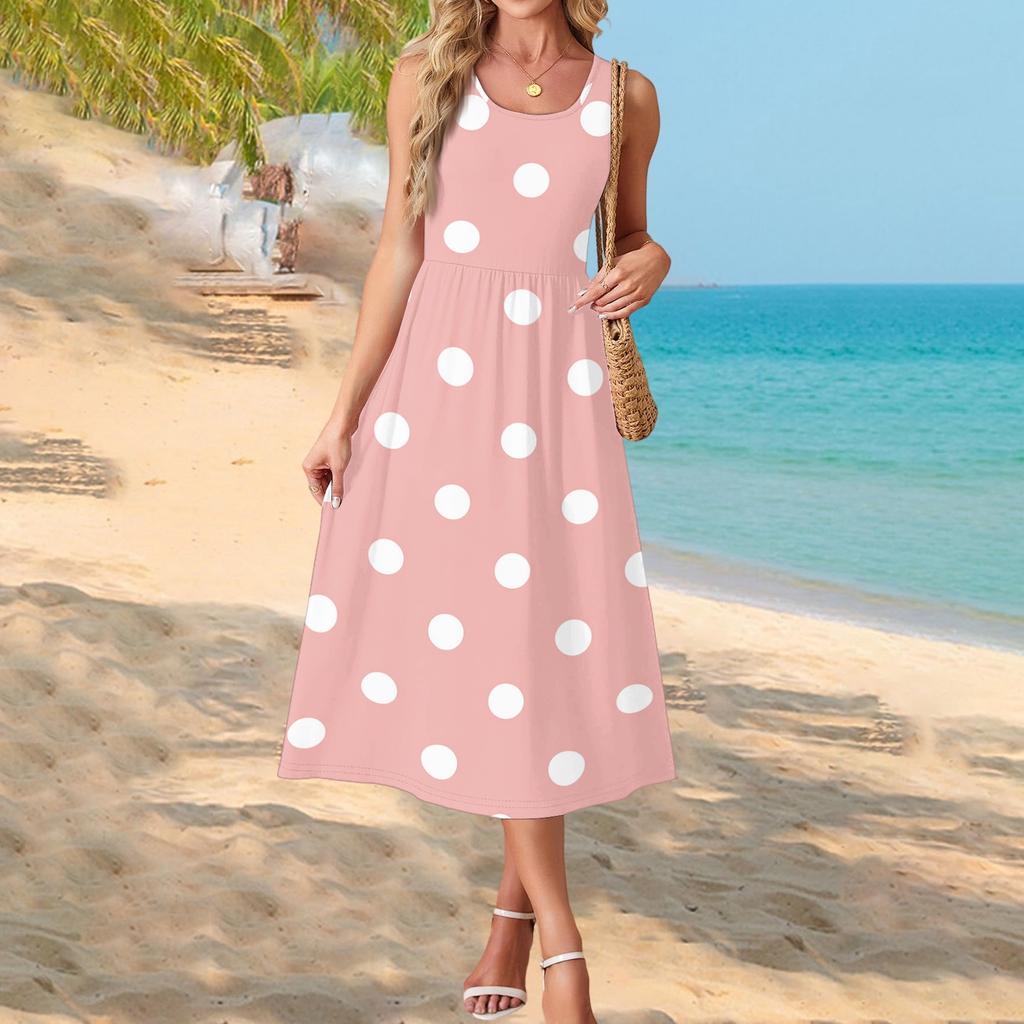 Women's Polka Dot Summer Dress, Casual Flowy Beach Sundress with Pockets, Lightweight Vacation Outfit