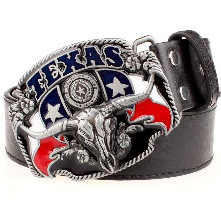 Wild West TEXAS Cowboy Belt Bull Skull Head Metal Buckle American Texan Pride Fashion Waistband For Men