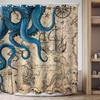 Navy Blue Waterproof Shower Curtain - Vintage Nautical Octopus, Mermaid, Kraken, Anchor Map Ocean Theme Bath Curtain Decor