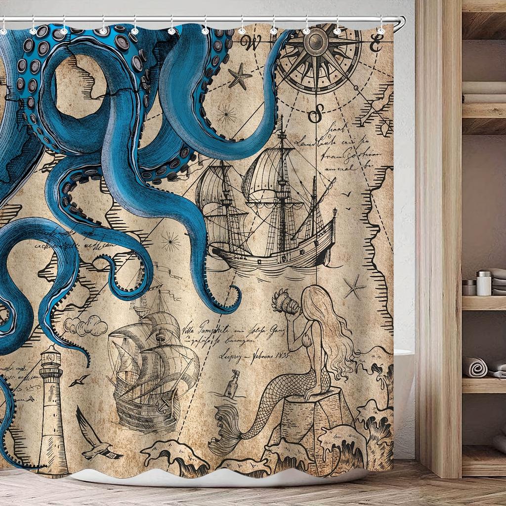Navy Blue Waterproof Shower Curtain - Vintage Nautical Octopus, Mermaid, Kraken, Anchor Map Ocean Theme Bath Curtain Decor
