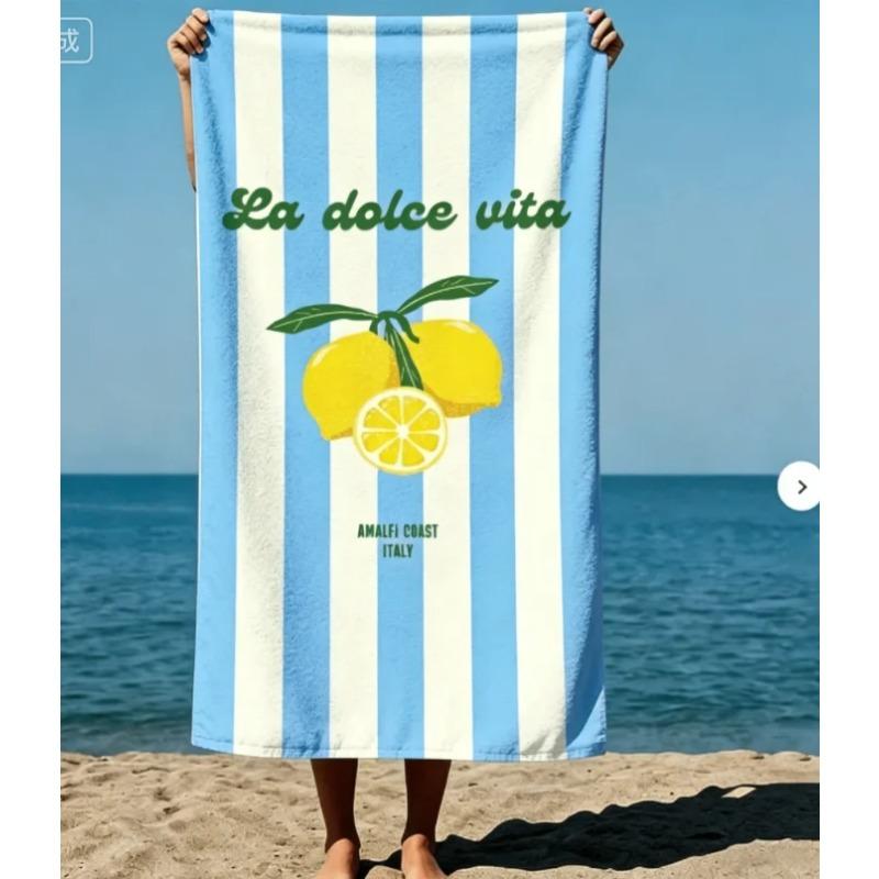 Sommer Vintage Italienische Zitrone Gestreiftes Handtuch Buchstabe Zitrone Kunst Übergroßes Weiches Handtuch für Schwimmen Strand Urlaub Picknicks