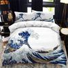 Dynetrekk i japansk stil King Queen Full størrelse Ukiyo-e-tema bølgemønster polyester sengetøysett Fuji Mountain Exotic Style