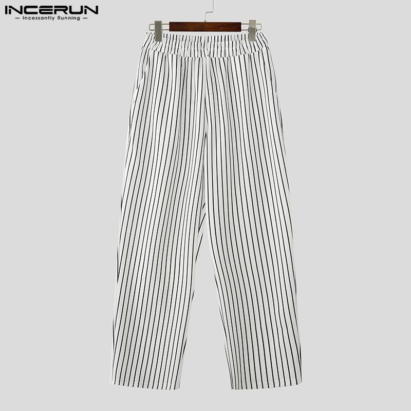 INCERUN Men Elastic Waist Striped Casual Long Harem Pants Trousers Bottoming