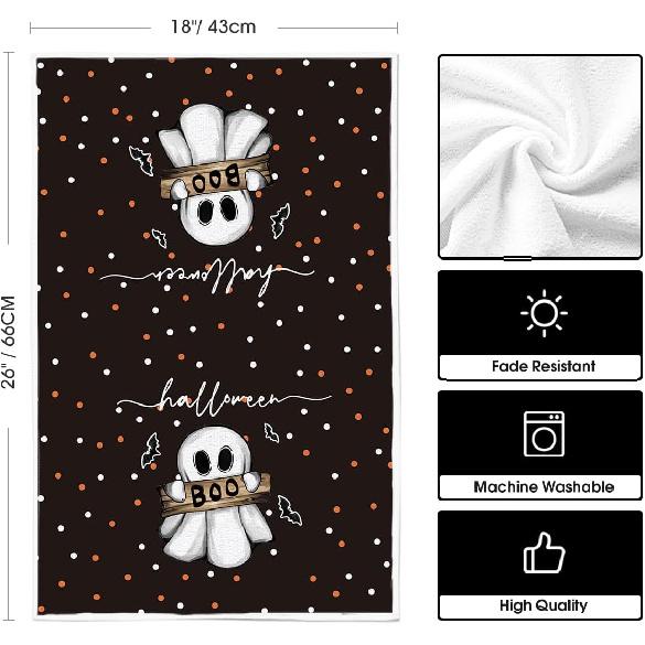 Artoid Mode Black Cat Pumpkin Ghost Halloween Kitchen Towels Dish Towels, 18x26 Inch Bats Jack-O'-Lantern Decoration Hand Towels Set of 2