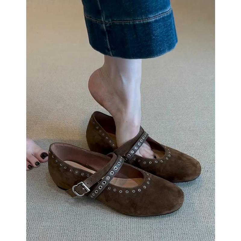 Sheepskin Version~ French Retro Round Head Rivet One-word Buckle Mary Jane Shoes Women's Inner Height Increase Leather Shallow Mouth Single Shoes