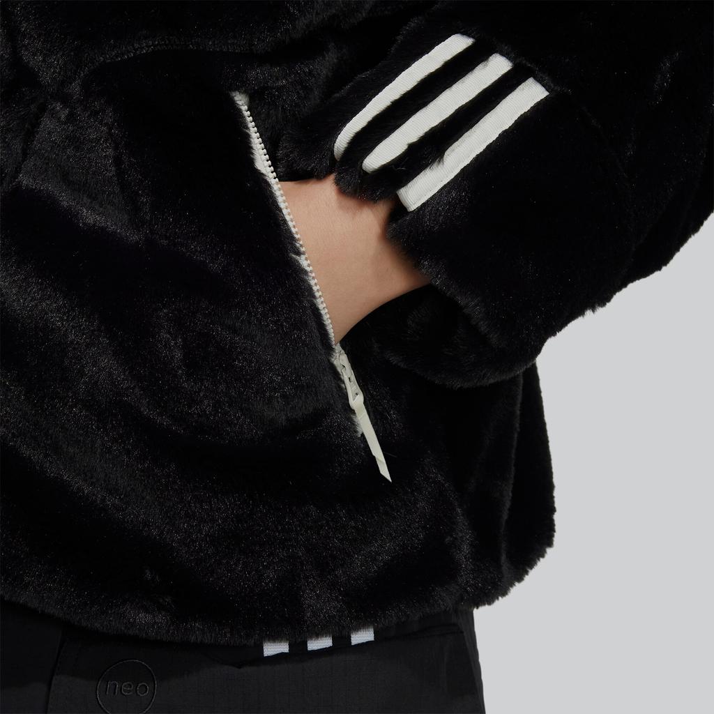 adidas Neo Winter Fur Stripe Zip Hoodie Fleece Jacket Women Outerwear Black HZ2432