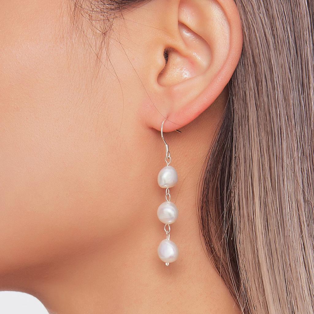 HENGSHENG Tassel Style 8-9mm Baroque White Freshwater Pearl Ear Hook 925 Sterling Silver Earrings for Women Girls Jewelry Gift