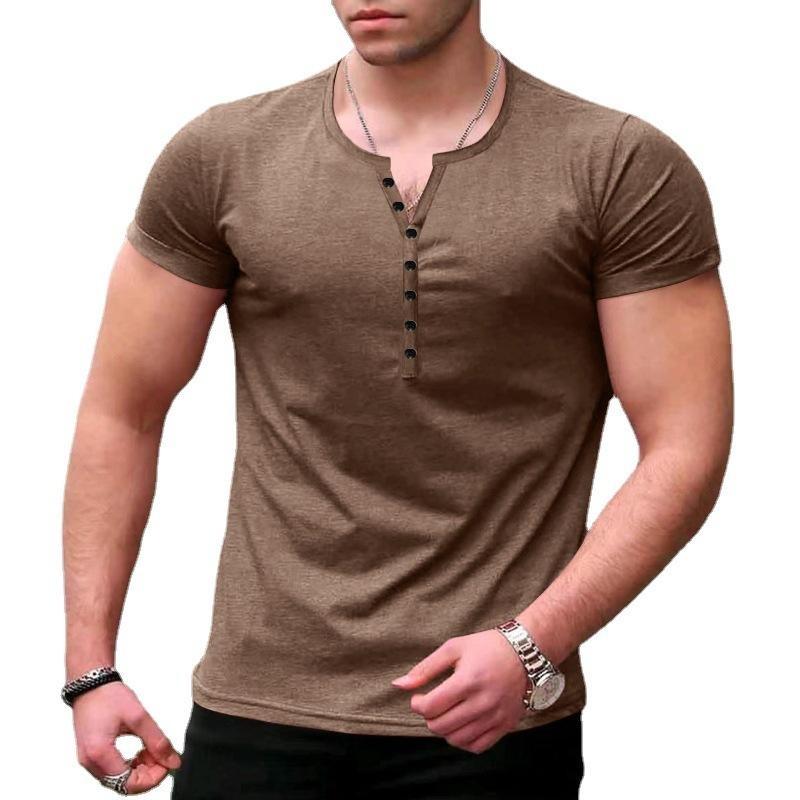

2026 Men s New Fashion Solid Color Short Sleeve T-shirt Casual Sports Button T-shirt Trendy Leggings 3XL коричневий