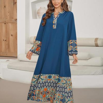 Elegant V-Neck Mid-Length Sleeve Dress With Printed Splicing