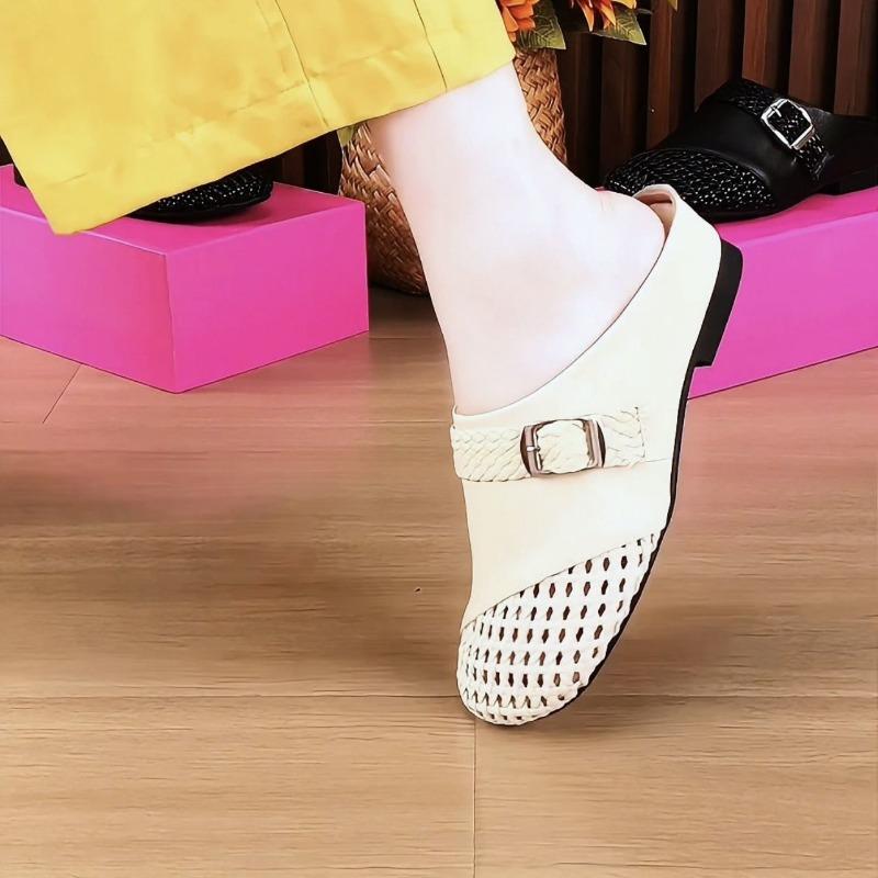 

Плетеная полая сумка, головная швабра, кожаный толстый каблук, полушлепанцы, женские универсальные сандалии на низком каблуке, женские шлепанцы с круглым носком на одной пуговице, крутые шлепанцы 40