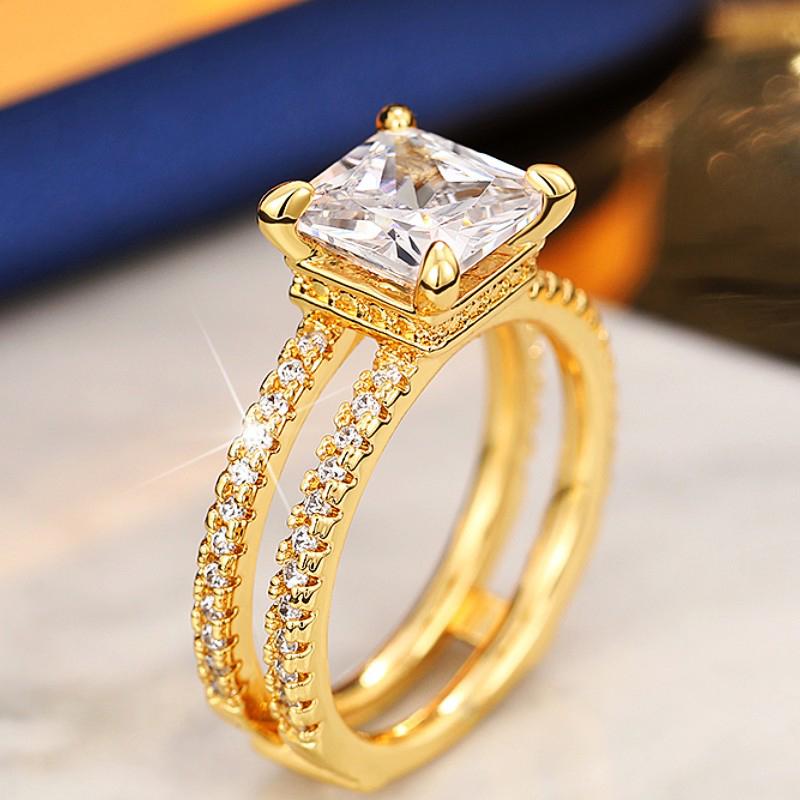 Huitan Double Rings Band Princess Cubic Zirconia Women Rings Luxury Wedding Accessories New Modern Fashion Jewelry Drop ShippingGood Product