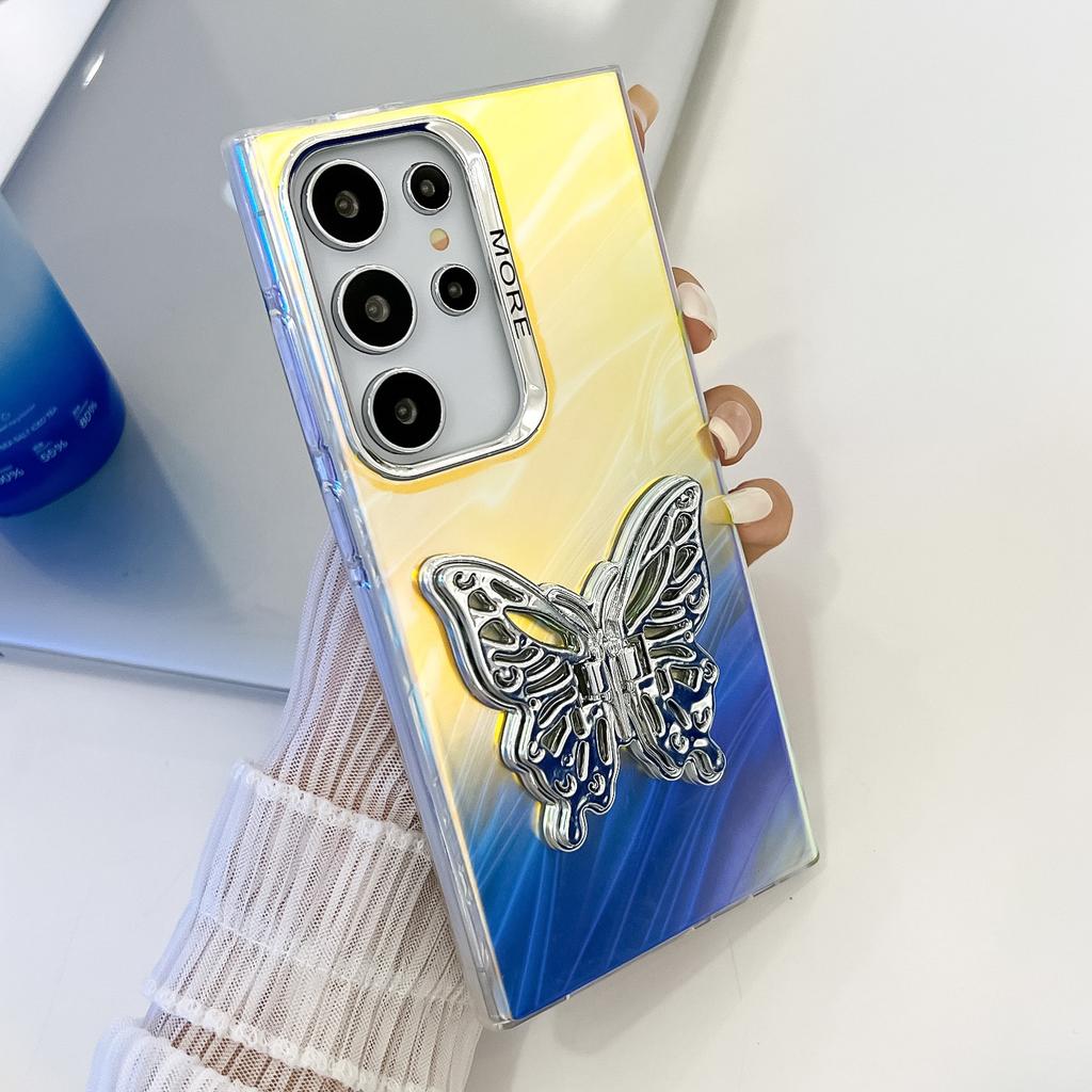 Samsung S25ultra Mobile Phone Case Electroplated Laser S24 All Inclusive Butterfly Stand A56 Protective Case for Women