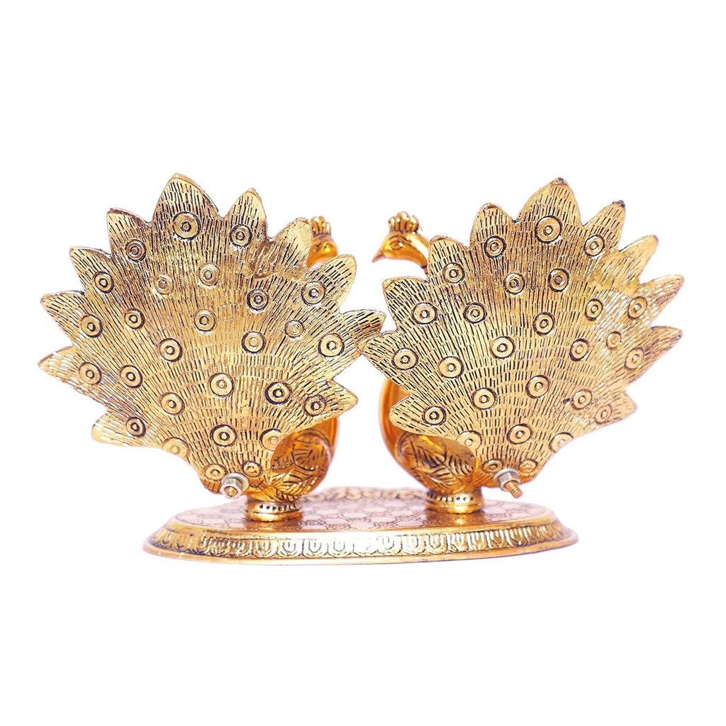 Metal Double Lovers Peacock Statue, Showpiece Figurine- Standard, Gold, 25 Cm, 16 Cm