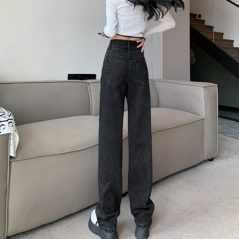 Women's High Rise Wide Leg Jeans Loose Straight Leg Denim Pants Vintage Washed Floor Length Casual Korean Style Trousers