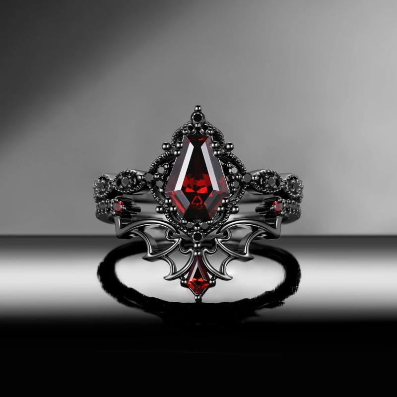 s/set Fashionable Inlaid Red Synthetic Zirconia Black Double-layer Ring Women's Gothic Daily Wear Jewelry Accessories Gifts