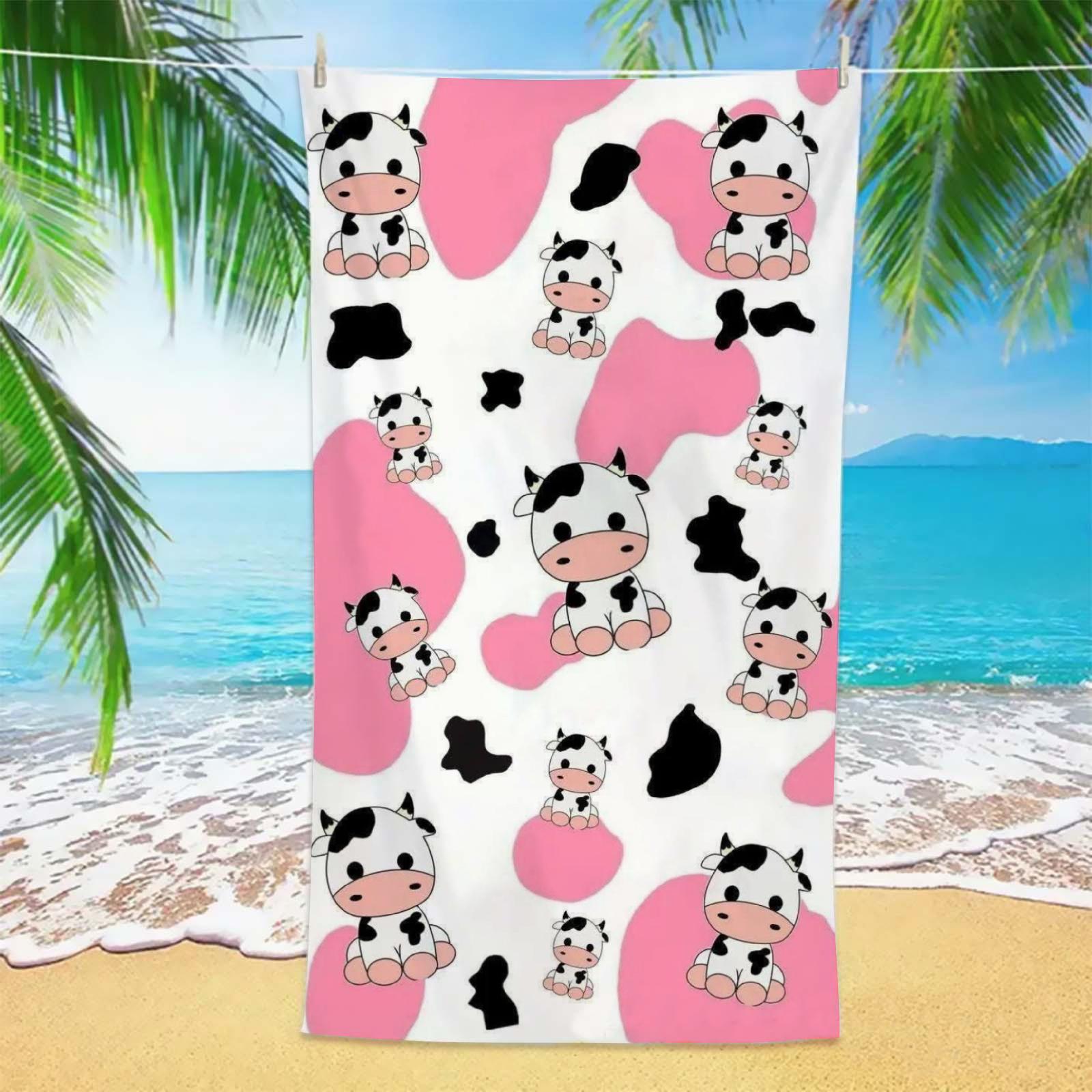

Cute Pink Cow Beach Towel 1pc Cartoon Animal Print Microfiber Quick Dry Absorbent Soft Towel for Beach Pool Travel Kids Women W40*H60(CM)