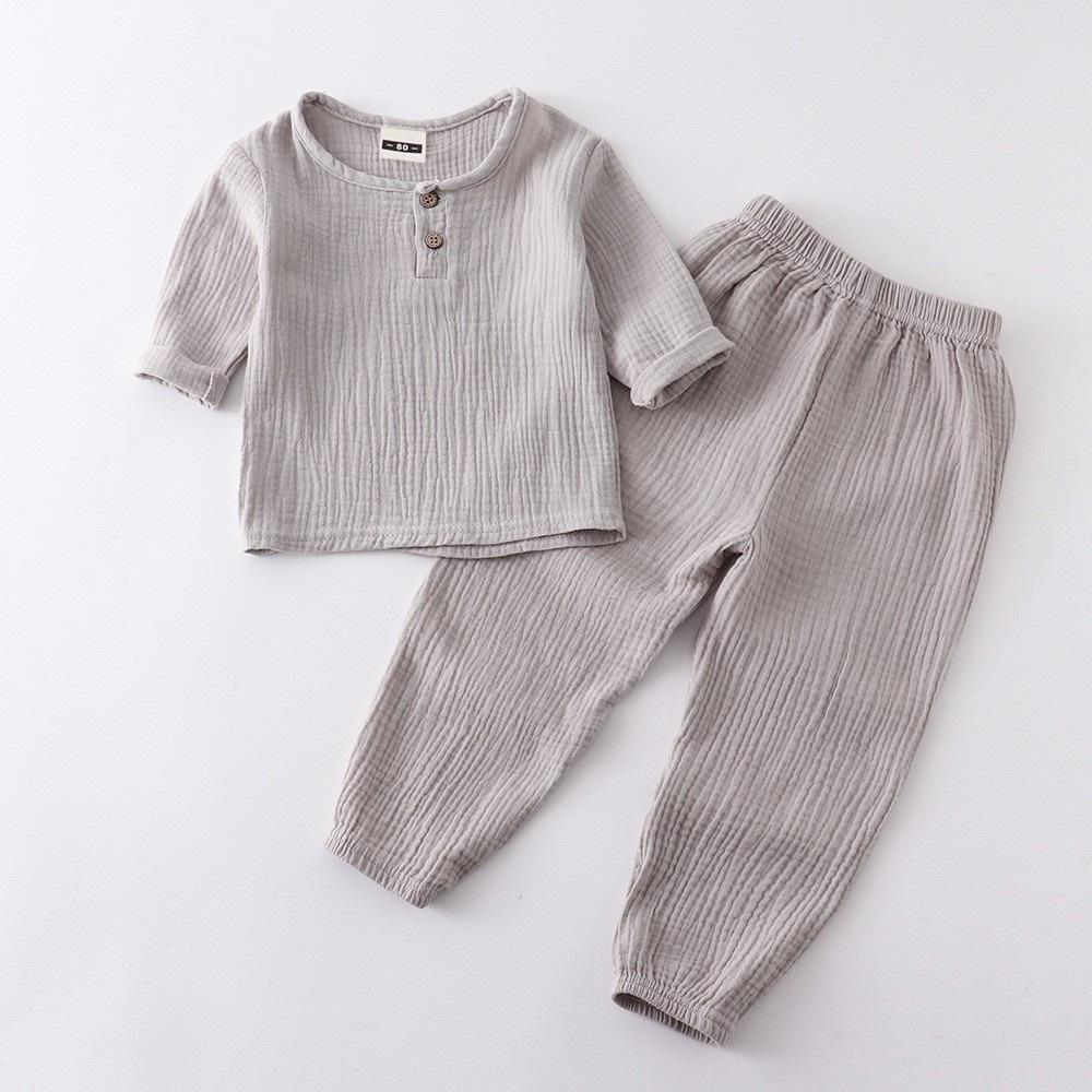 Kids Cotton Linen Long Sleeve Set Spring Summer Outfit Boys Girls Loose Two Piece Pure Color Breathable Comfortable