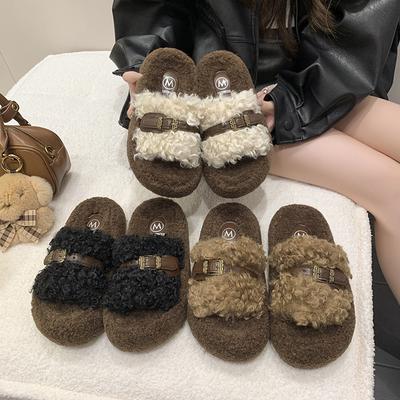 Thick-soled Fluffy Slippers Women Wear Fleece Non-slip Internet Celebrities Word Autumn and Winter 2025 New Thermal Cotton Slippers