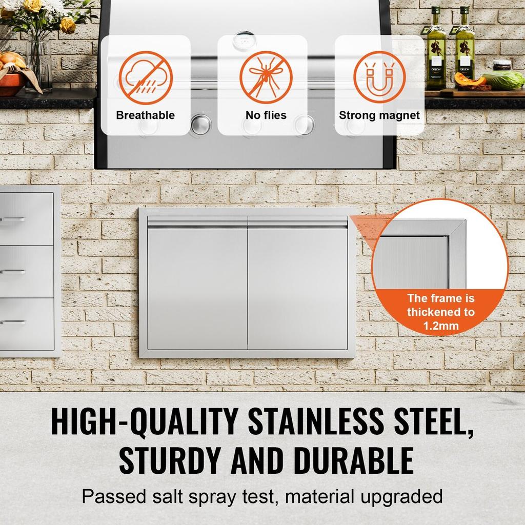 BBQ Access Door, 762x532 Mm Double Outdoor Kitchen Door, Stainless Steel Flush Mount Door, Wall Vertical Door with Recessed Handles , for BBQ Island,