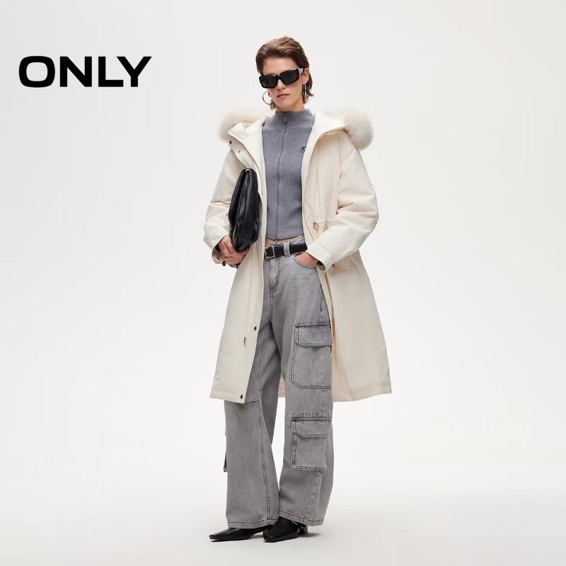 ONLY Women's 90% White Duck Down Mid-Length Puffer Jacket with Detachable Fur Collar