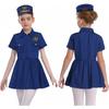 Girls Pilot Cosplay Costume Turn Down Collar Short Sleeve Flap Pockets Front Zipper Dress with Hat