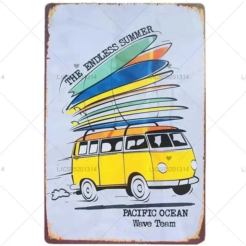 Peace Bus Beach Surfing Cartoon Wall Logo Retro Art Metal Plate Decoration Tin Logo Garage Bar Wall Decoration Tinplate Poster