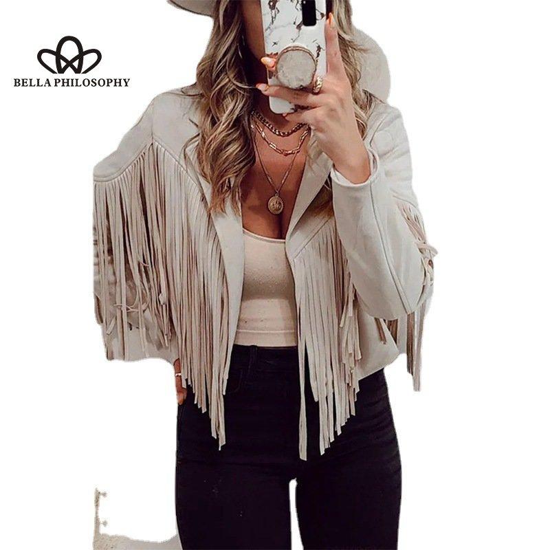 Women Jacket Leather Velvet Lapel Tassel Short Jacket Women's Autumn Winter New Style Fashion Casual Jacket