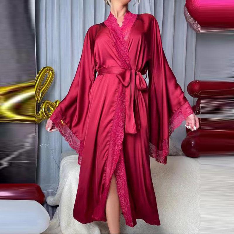 Sexy Long Solid Lace Patchwork Silk Satin Bathrobe Women Flare Sleeve Loose Court Style Nightwear Lace Trim Robes Loungewear