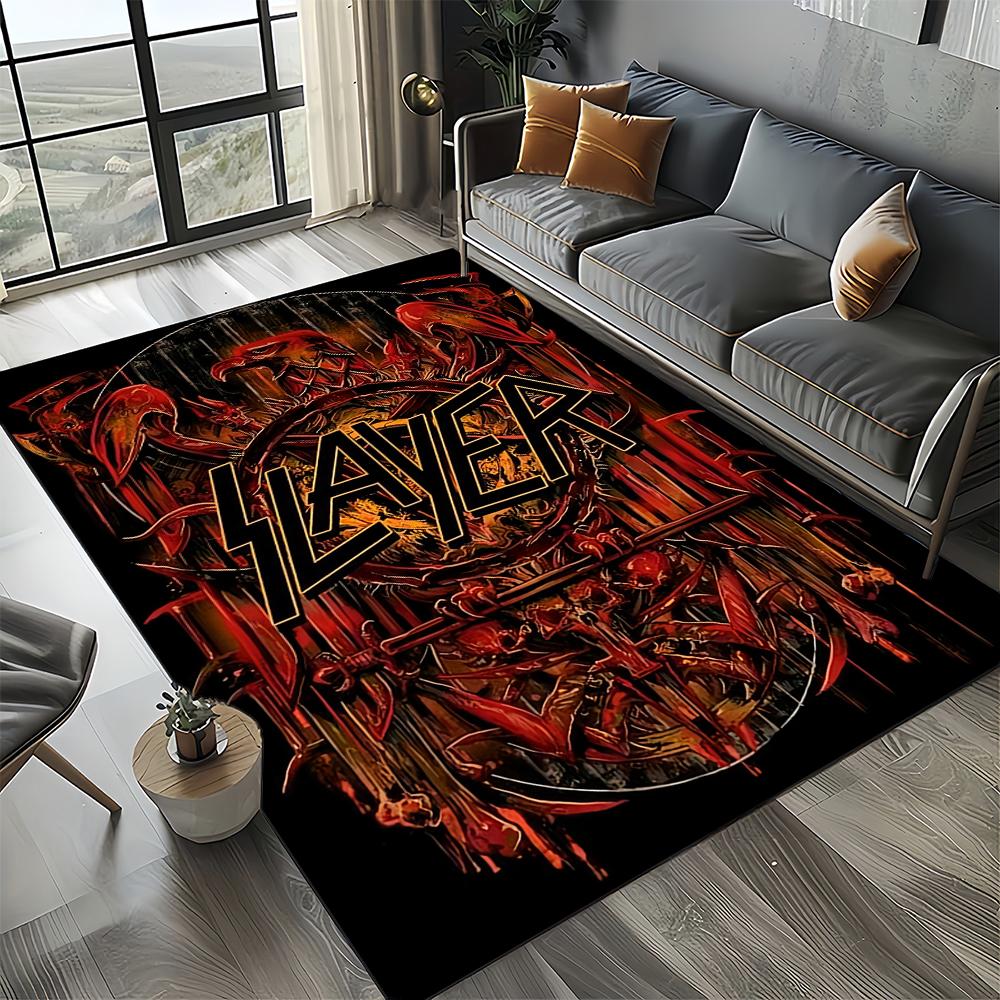 Tapete de Chão 3D Retro Band Slayer Heavy Metal Rock Sinal para Sala de Estar Quarto Casa Decoração de Sofá, Tapete Antiderrapante para Brincar de Criança
