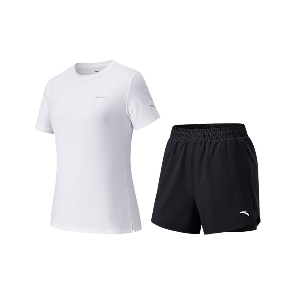 Anta Plain Round Neck Pullover Short Sleeve Sports Set Comfortable Feather Tennis Running Training Shorts Fitness Suit Women sets 962627208-1