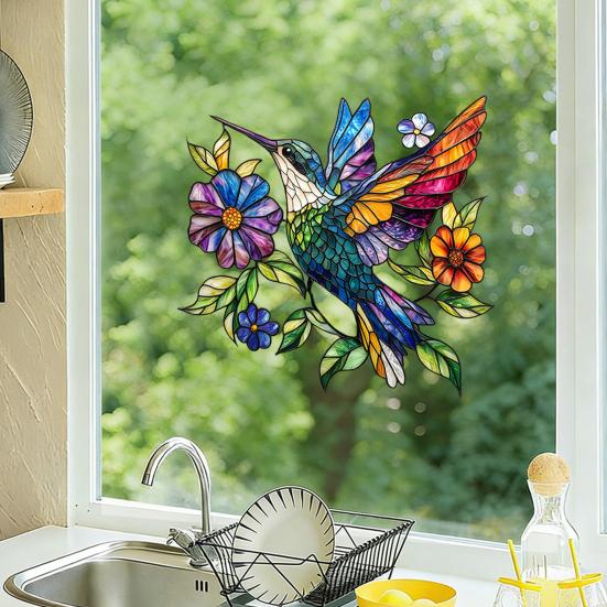 Spring Window Cling Stained Glass Floral Birds Butterflies Decorative Sticker Reusable Static Glass Decal