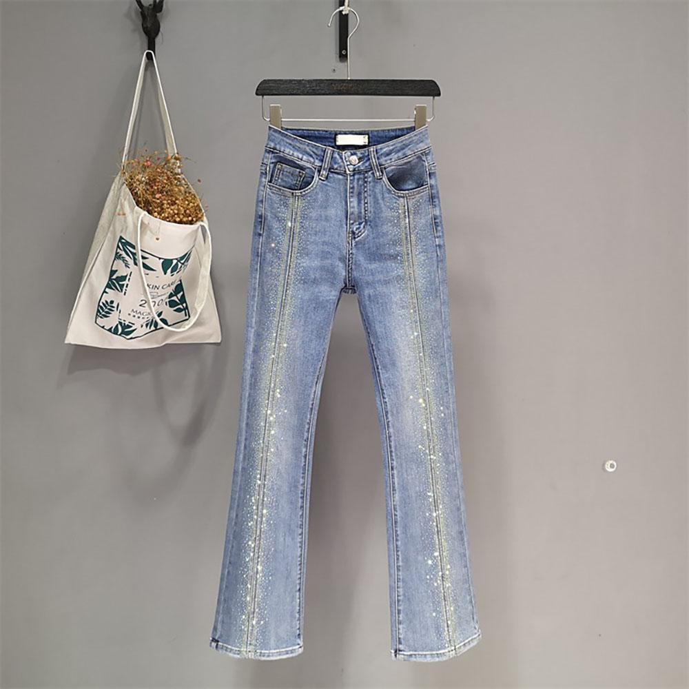 

Модные светло-голубые джинсовые брюки для женщин, блестящие пайетки, дизайн с высокой талией, узкие брюки-клеш, женские джинсы, уличная одежда