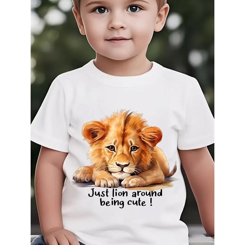 Boys Summer Crewneck Tee, Cartoon Lion Graphic With Quote  Just Lion Around Being Cute! 110 белый